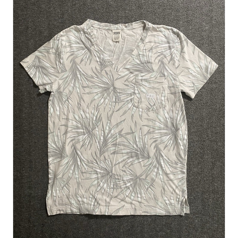 PINK Victoria's Secret Womens T Shirt Gray Leaves LOVE PINK Size S